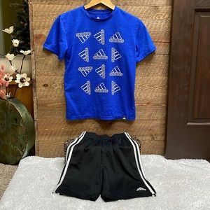 Adidas Boys’ T-Shirt & Shorts Coordinating Set Blue & Black Medium (10/12)